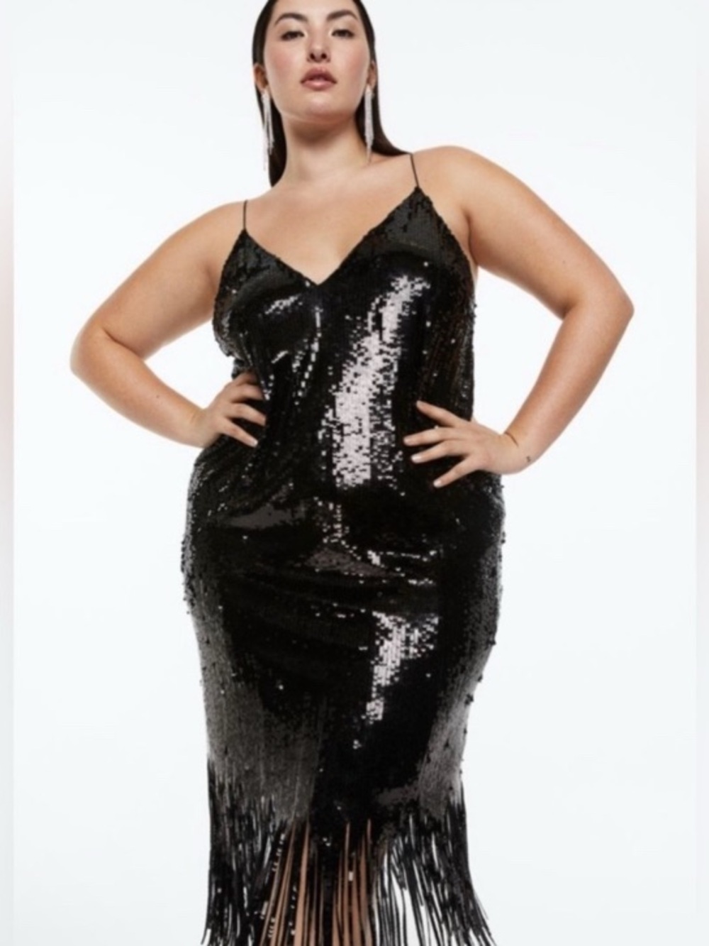 Rebdolls Black Sequin Fringe Midi Dress